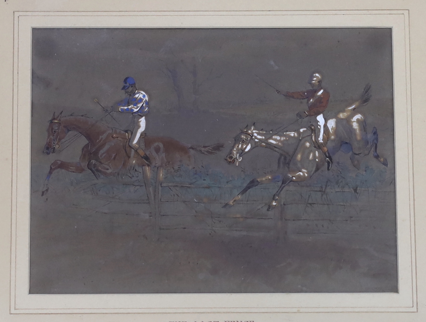 Attributed to Hablot Knight Browne - Phiz (1815-1882) heightened ink and watercolour, 'Steeplechase', inscribed to the mount, 19 x 14cm